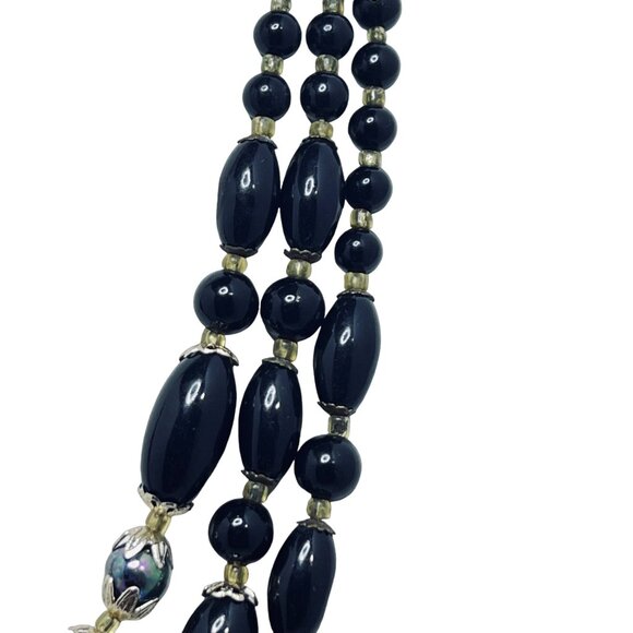 Triple Strand Black And Iridescent Beaded Necklace (801) - Picture 4 of 7